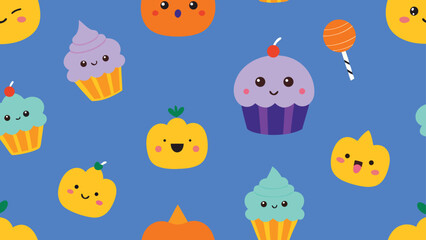 Naklejka premium cute halloween cupcakes and sweets pattern vector background