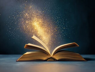 Magic book revealing luminous secrets in darkness, a beacon of knowledge and timeless fairytales