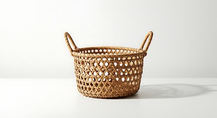 Obraz premium JPEG for small woven rattan basket with two handles, isolated on a bright white background, studio shot, natural shadows, clean product showcase aesthetic