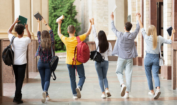 Students walking in college campus after passing test, back view