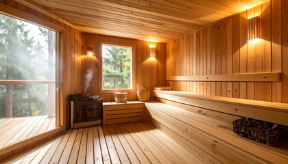 Cozy wooden sauna with forest view