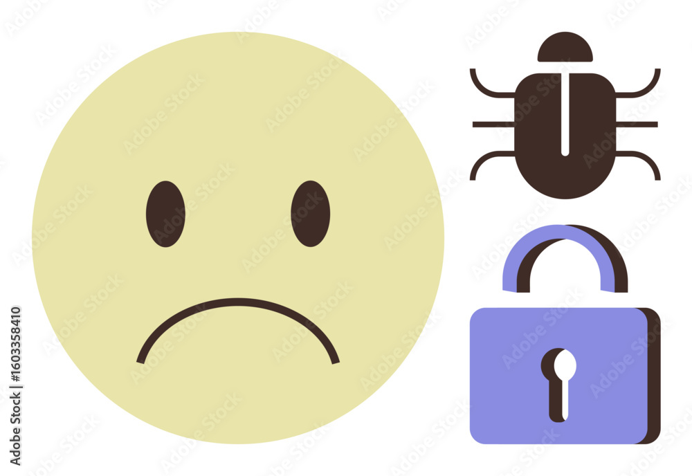 Poster sad face icon emphasizes frustration, paired with bug and padlock representing malware, hacking, and
