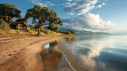 Serene afternoon at Lake Tanganyika reveals a small cabin nestled along the shore