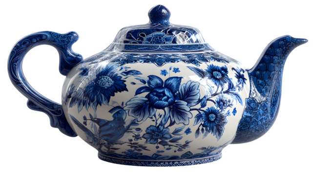 Elegant blue floral porcelain teapot with intricate bird design, perfect for classic kitchen decor