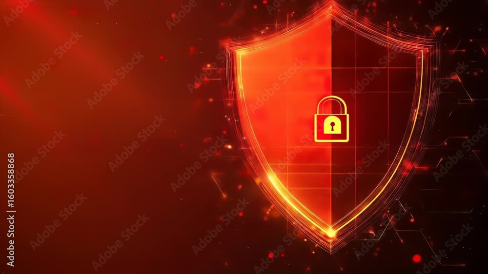 Poster animated digital shield with a lock symbol representing data protection security glowing on dark bac