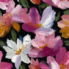 impasto brushstroke florals oversized petals textured oil paint bold expressive seamless pattern.