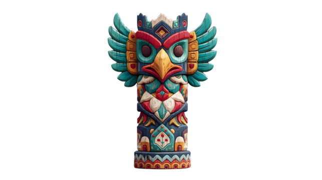 Discover vibrant, intricately carved totem pole art with bold colors and detailed indigenous motifs
