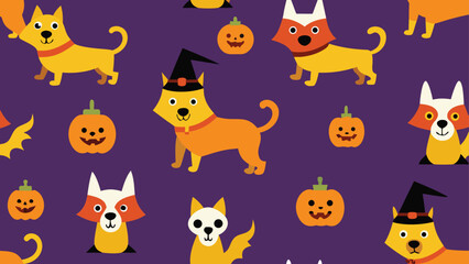 Obraz premium funny halloween dogs in costumes pattern vector background