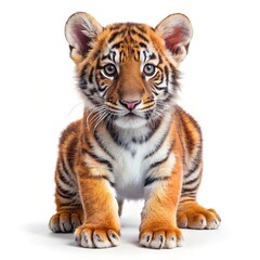 Obraz premium Adorable tiger cub portrait on white background cute baby animal photography isolated on white background