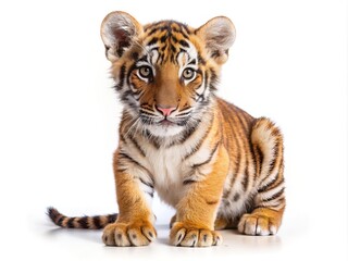 Adorable tiger cub portrait: bengal tiger baby animal photography, cute kitten isolated on white background