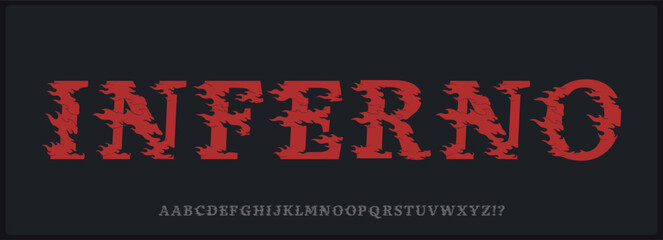 Hand drawn serif vector font. Unique alphabet capital with flame. Typography display font for movie, poster, and music. Rough and grunge italic serif font.