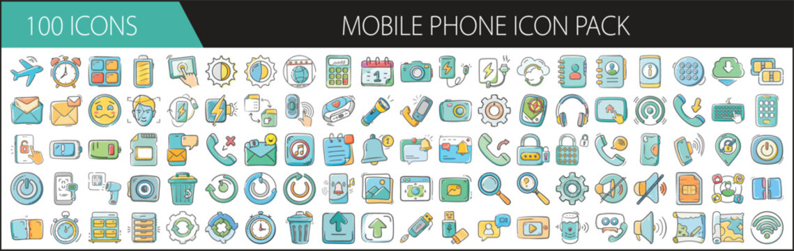 Mobile Phone Icon Pack with 100 Smartphone and App Elements - A colorful collection of 100 cartoon-style mobile phone icons, featuring apps, notifications, settings, calls, and messaging tools for UI,