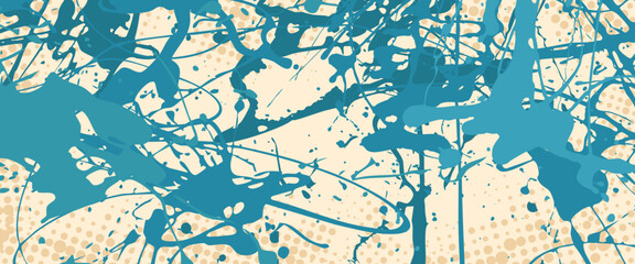 Vector illustration. Drawn color paint splatter background. Panoramic wallpaper with layered ink splashes and halftone dots. Dynamic messy dye concept. Modern artistic painting. Horizontal backdrop