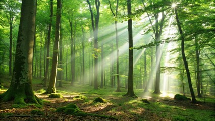 Sunbeams pierce lush green forest canopy, illuminating misty woodland floor in vibrant natural light
