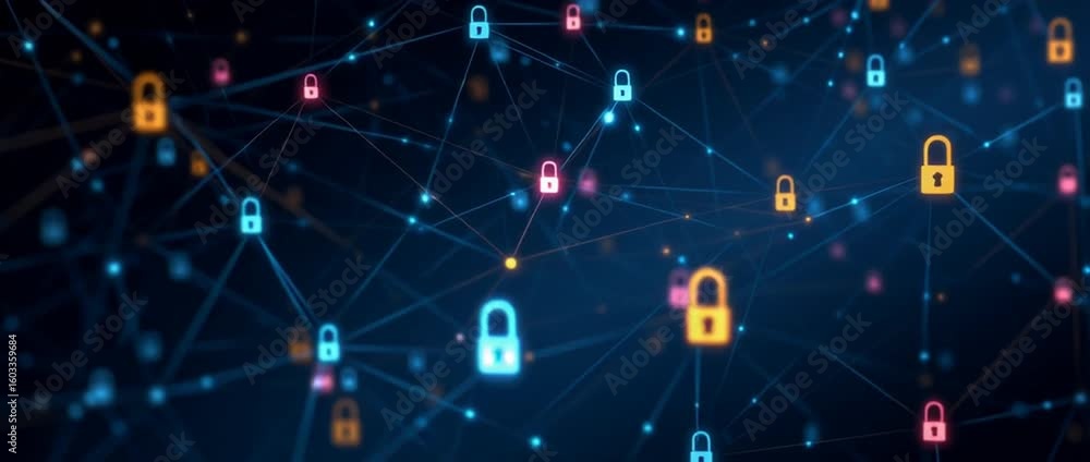 Poster a blue background with interconnected nodes representing network security, each bulb glowing in diff