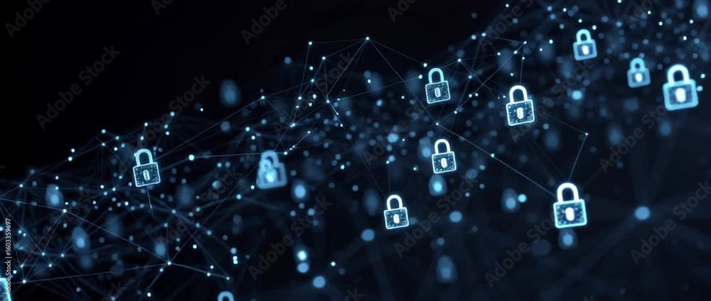 Poster a digital network of interconnected security symbols, such as padlocks and glowing blue wires, repre