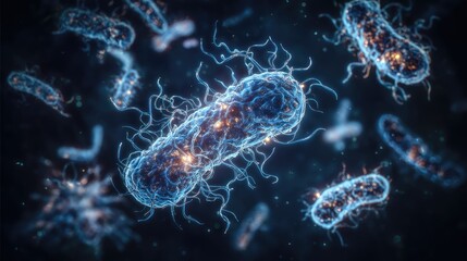 Probiotic bacteria structure: beneficial microbe, gut flora, lactic organism, healthy culture, rod shape, bacterial colony, microbiota system, bioactive cell, floating life, microscopic scene,