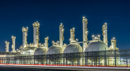 Obraz premium Industrial Nightscape: A Chemical Plant Gleaming Under Stars, Spherical Tanks and Towers Illuminate the Dark Blue Sky