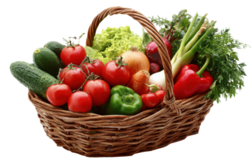 Fresh vegetable basket farm market food photography natural light. Isolated on transparent background, png.