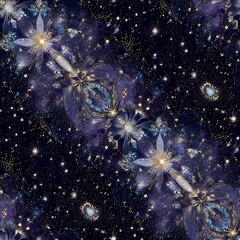 psychedelic kaleidoscope galaxy crystalline geometry seamless starry textile print deep indigo cream gold sparks.