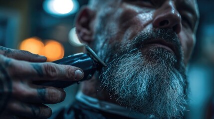 Close up view of a senior man's gray beard being carefully shaped in a classic barbershop. A tattooed hand precisely trims with an electric clipper, perfecting the look.