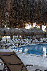 Relaxing atmosphere at a resort pool surrounded by palm trees in the late afternoon