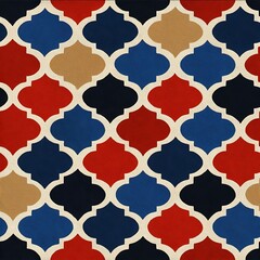 distorted moroccan tile collage royal blue tomato red cream beige gaps seamless repeat pattern.