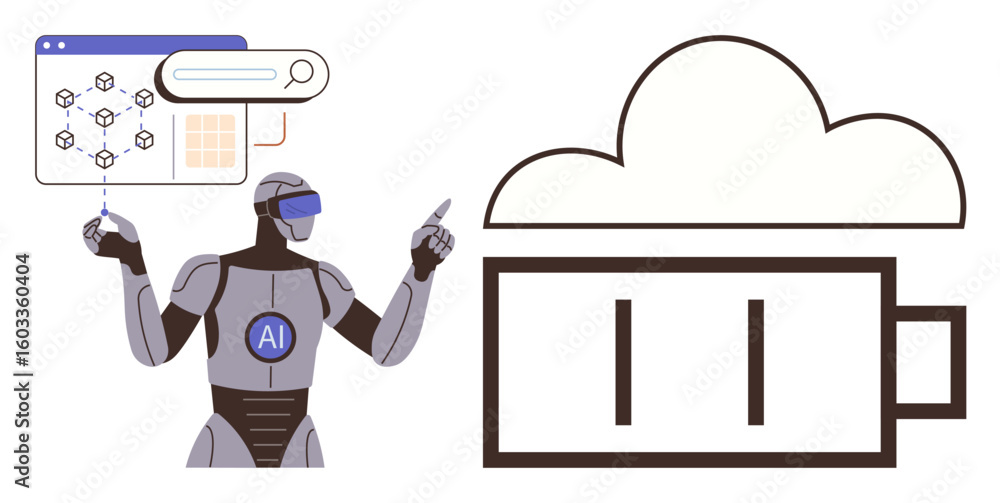 Poster ai robot analyzing data interface with interactive gestures beside cloud and battery icons. ideal fo