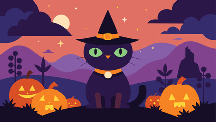halloween witch cat in pumpkin patch  cozy  vector background
