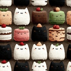 cute cream cats sitting in cakes cartoon kawaii seamless pattern.