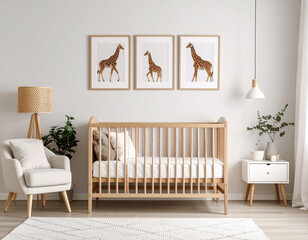 Serene nursery with giraffe art, wooden crib, and cozy armchair ambiance