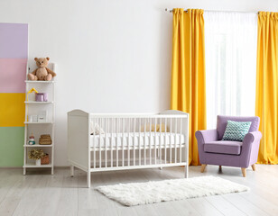 Serene Nursery Room with White Crib, Teddy Bear, and Yellow Curtains