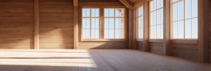 An empty room with bright windows and light coming through. Interior of a traditional timber frame house construction. Residential building.