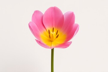 Close up of a single pink tulip flower with a yellow center on white