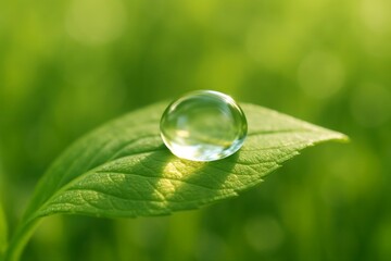 Close up of a water droplet on a green leaf in a blurred background