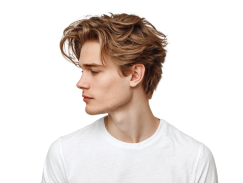 Profile portrait of young man studio setting photography calm mood. Isolated on transparent background, png. - Powered by Adobe