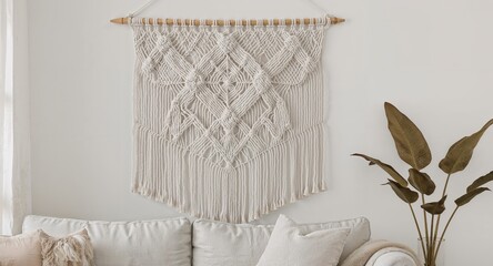 Interior view of a macrame wall hanging above a white sofa with a houseplant in a bright room