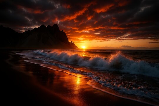 Ocean waves crashing on shore during a vibrant sunset near mountains - Powered by Adobe