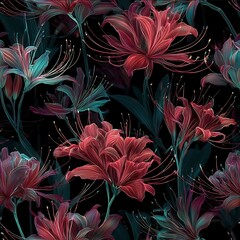 cyber neon spider lilies glowing outlines subtle glitch texture dark backdrop highcontrast seamless pattern.