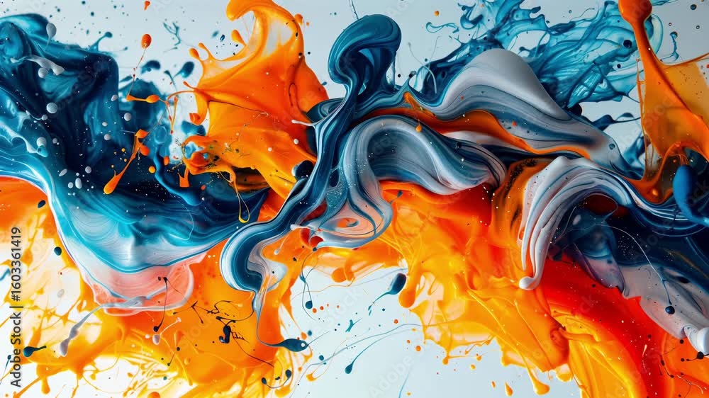 Poster dynamic movement as brilliant orange and cool azure interact and burst into existence. colors blend 