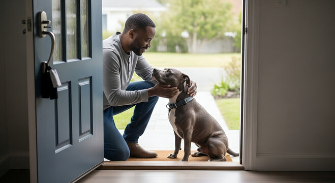 Man interacting with gray dog at the front door of home  
