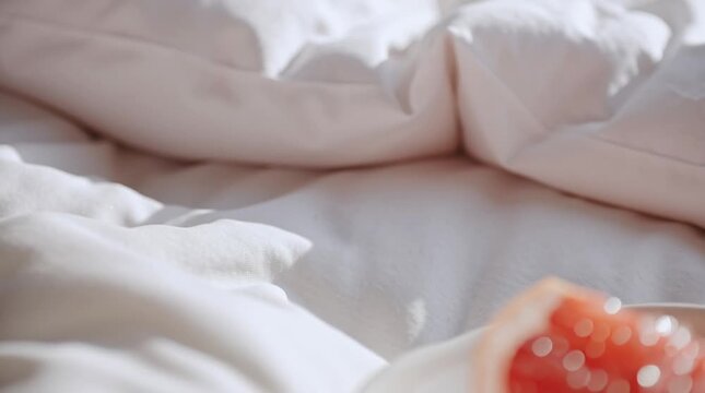 Cozy morning scene with rumpled white linen bedding and a small dish with breakfast. Sunlight streaming in.
