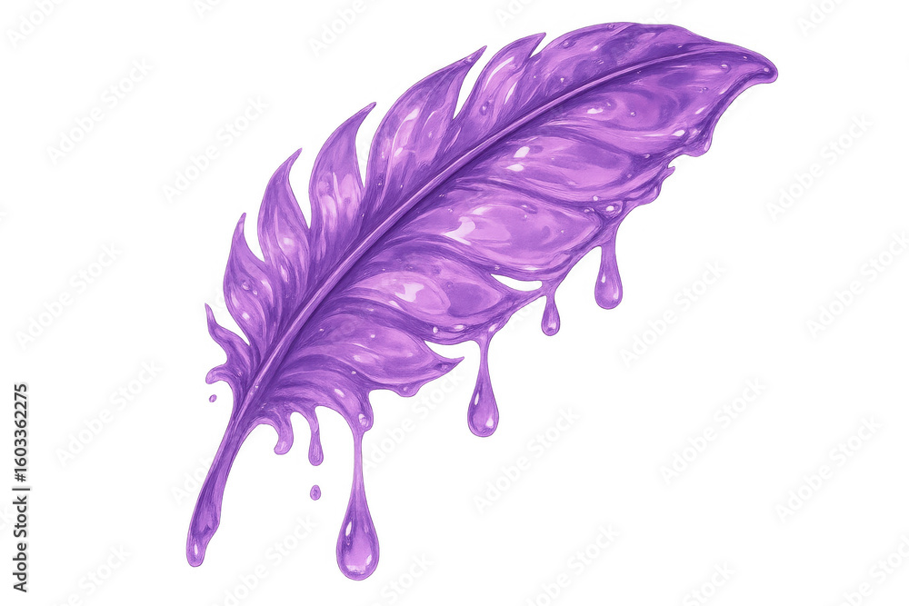 Poster purple paint forming a feather shape is dripping on a transparent background, creating a vibrant and