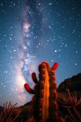 Desert Cactus Under Milky Way Sky