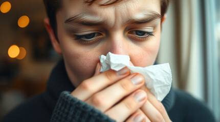 Young Person with Cold or Allergy Blowing Nose