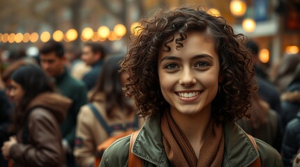 Smiling Young Woman in Urban Crowd