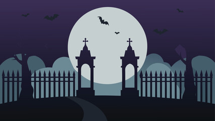 Fototapeta premium spooky graveyard gate under full moon silhouette 