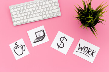 Many paper cards with hand drawing of different life activities with keyboard and green plant, top...