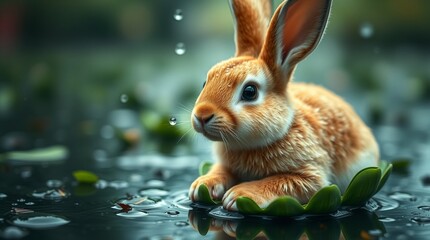 Whimsical Rabbit on Water Lily in Rain
