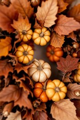 Overhead View of Mini Pumpkins and Autumn Leaves